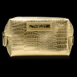 Cosmetic Bag Crocodile Leather Pattern Gold