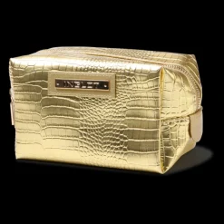 Cosmetic Bag Crocodile Leather Pattern Gold